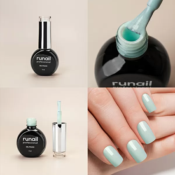 Набор №1253М: гель-лак "runail GEL POLISH" 5 оттенков (№9205, №9218, №9219, №9220, №9221) по 9 мл и Глянцевый топ TopCoat №2716 15 мл
