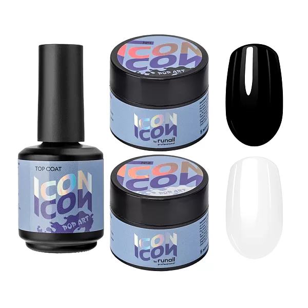Набор POP ART ICON для дизайна: Топ для дизайна POP ART ICON, 15 мл, гель-краска 2 шт (цвета: черный, белый) по 5 г,  №1323М