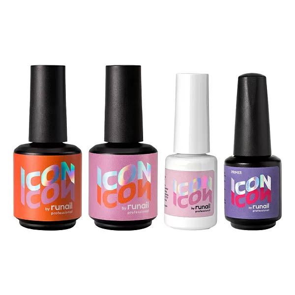Набор ICON №1203М: бескислотный праймер 8 мл, адгезивная база 15 мл, глянцевый топ 15 мл