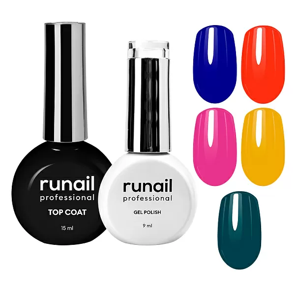 Набор №1262М: гель-лак "runail GEL POLISH" 5 оттенков (№9208, №9210, №9211, №9212, №9224) по 9 мл и Глянцевый топ TopCoat №2716 15 мл